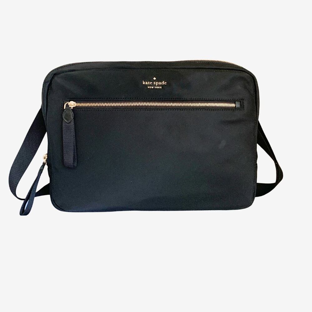 Kate Spade Chelsea Black Nylon Laptop Case Crossbody Gold Hardware